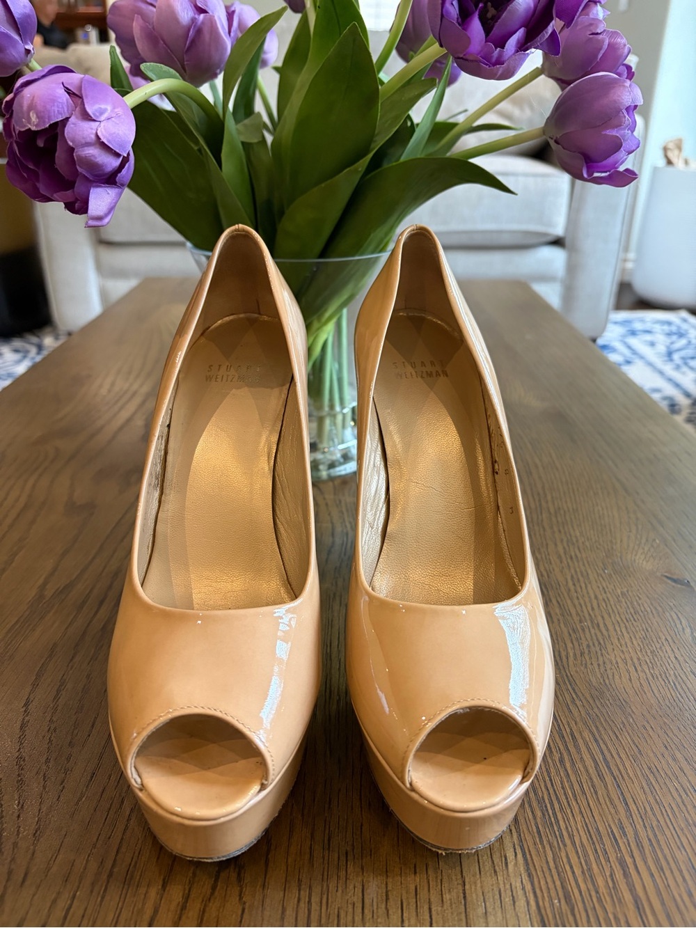 Stuart Weitzman Nude Patent Peep-Toe Platform Pumps